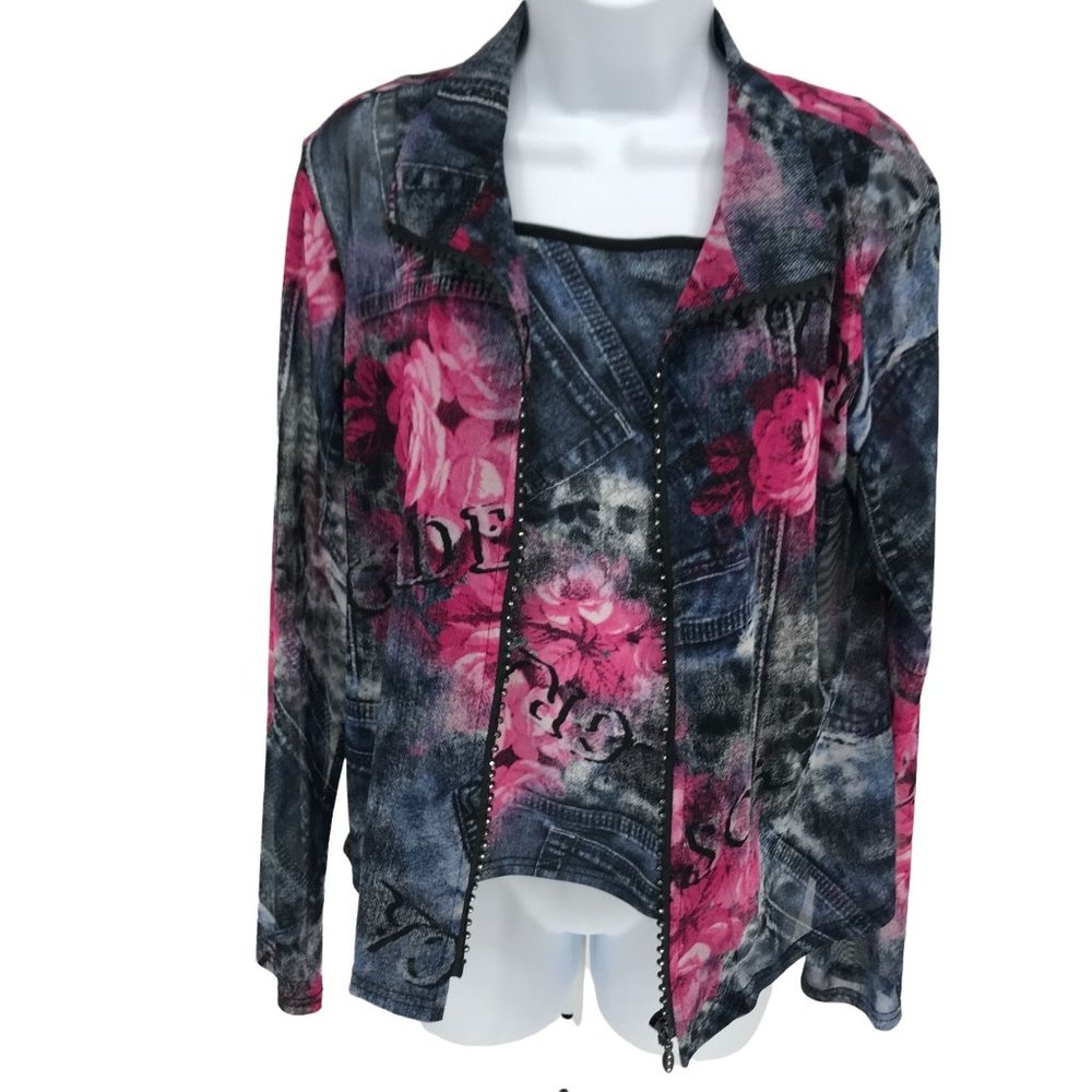 2 Piece Y2K Mesh Floral Denim Set, Size Small